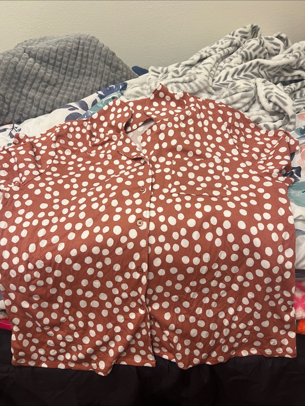 Family Pajamas Rust and White Polka Dot Short Sleeve Button Top